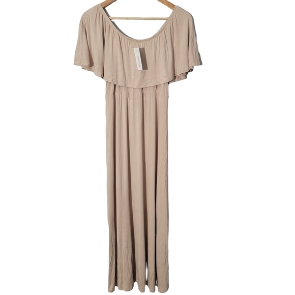 My Bump Beige Off The Shoulder Ruffle Maxi Dress NWT - Picture 1 of 11